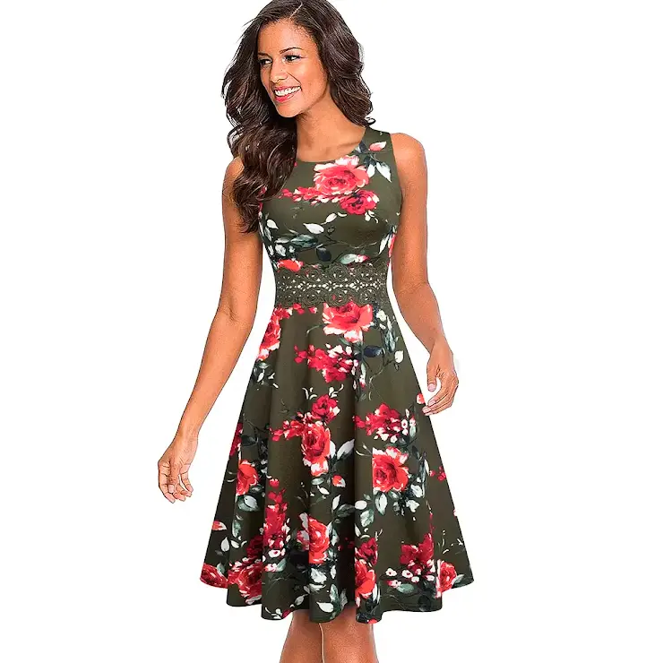 Robe Evasée à Encolure ras du cou Elégante en Dentelle avec Touche Florale.webp