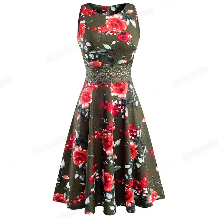Robe Evasée à Encolure ras du cou Elégante en Dentelle avec Touche Florale.webp