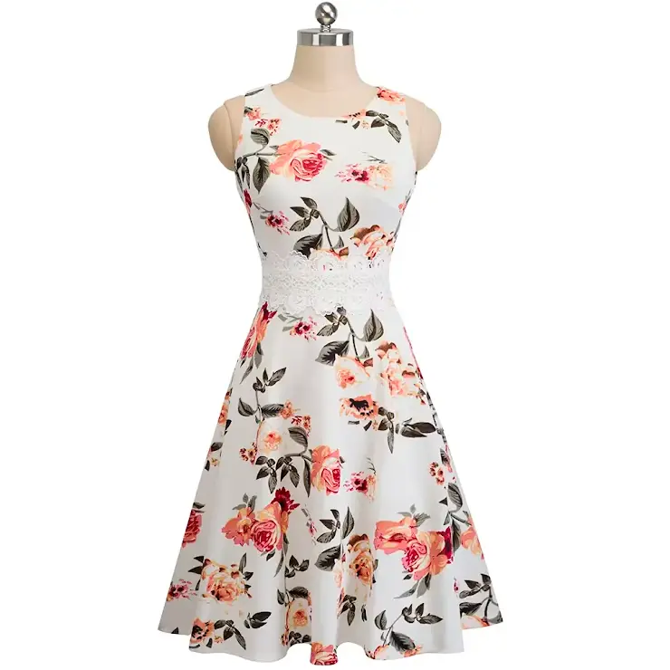 Robe Evasée à Encolure ras du cou Elégante en Dentelle avec Touche Florale.webp