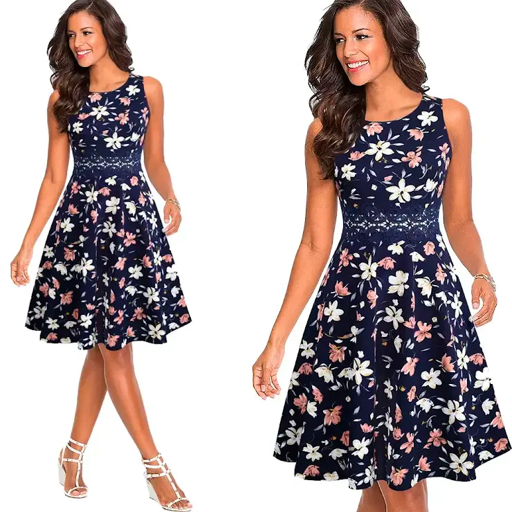 Robe Evasée à Encolure ras du cou Elégante en Dentelle avec Touche Florale.webp