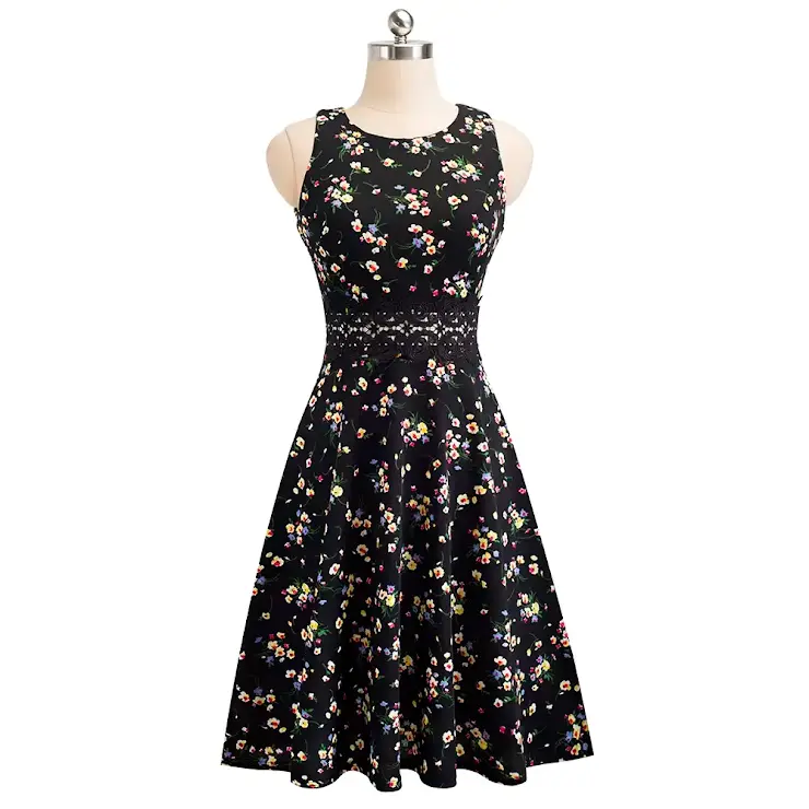 Robe Evasée à Encolure ras du cou Elégante en Dentelle avec Touche Florale(40).webp