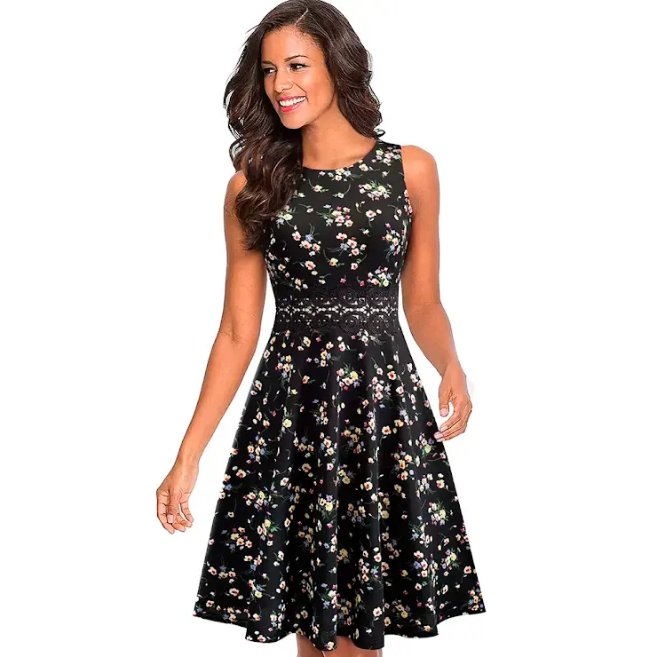 Robe Evasée à Encolure ras du cou Elégante en Dentelle avec Touche Florale(39).webp