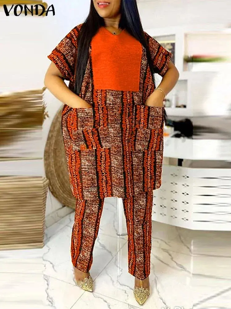 Grande taille 5XL VONDA 2025 femmes pantalons longs ensembles Vintage imprimé3.webp