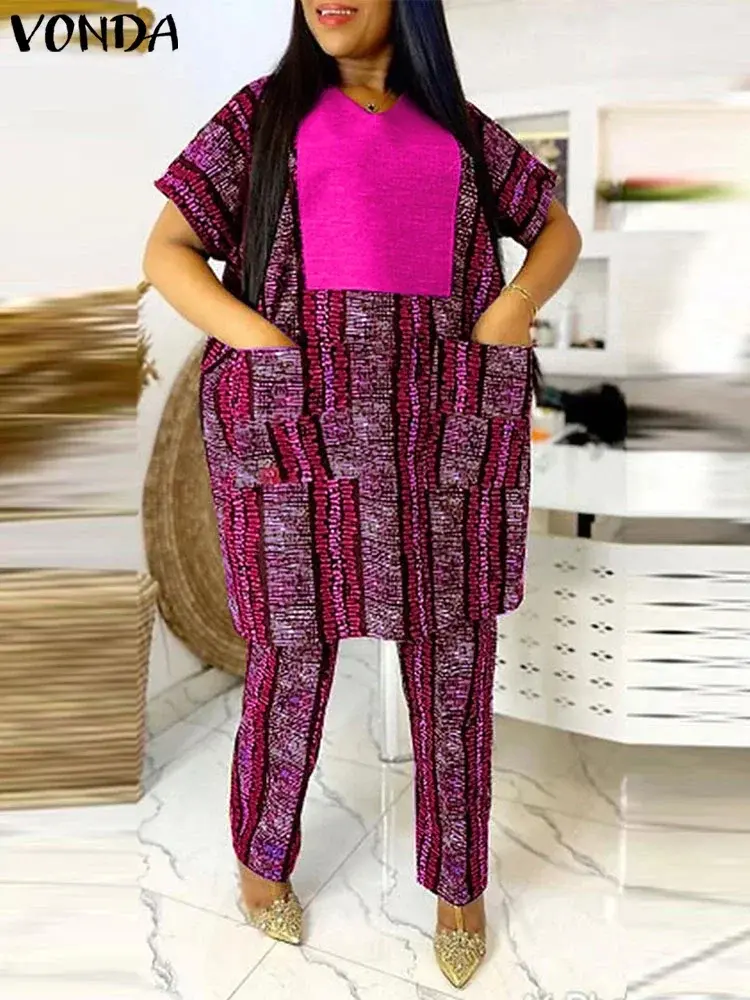 Grande taille 5XL VONDA 2025 femmes pantalons longs ensembles Vintage imprimé1.webp