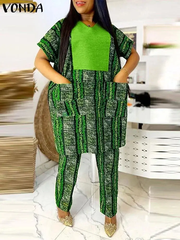 Grande taille 5XL VONDA 2025 femmes pantalons longs ensembles Vintage imprimé2.webp