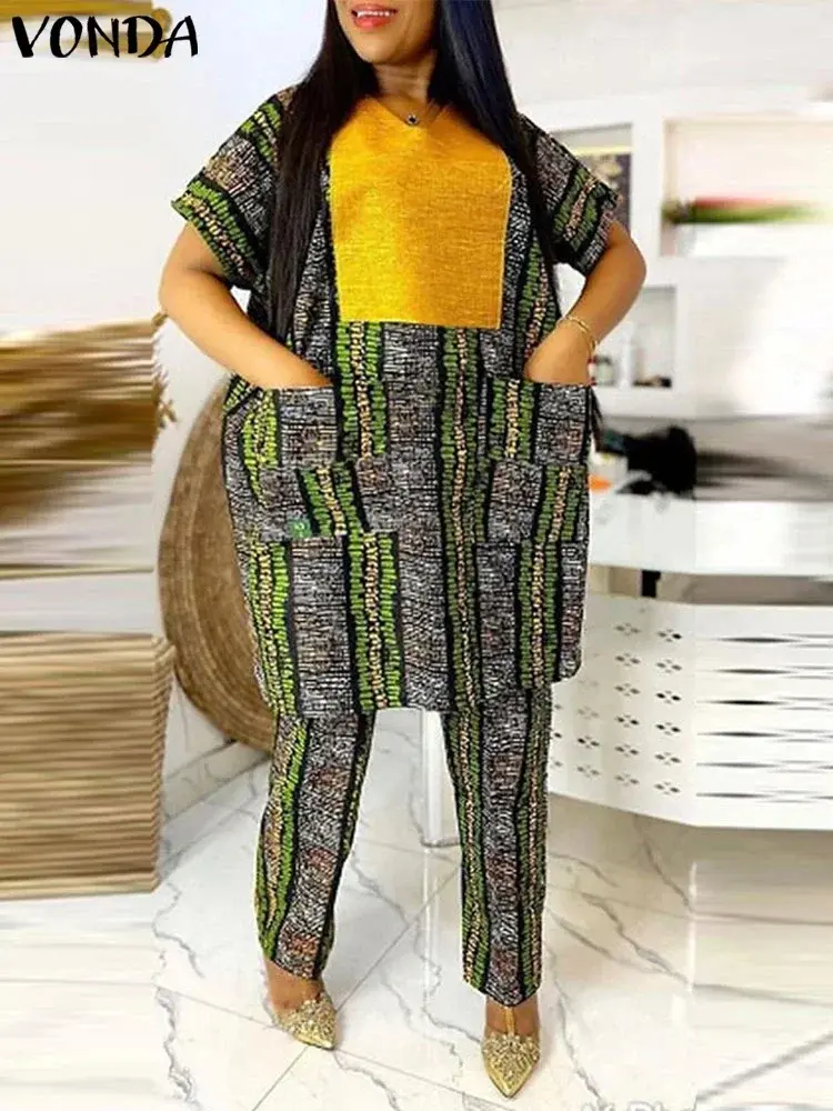 Grande taille 5XL VONDA 2025 femmes pantalons longs ensembles Vintage imprimé4.webp