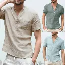 Chemise en lin et coton pour hommes, col Henry et poche de plage1.webp