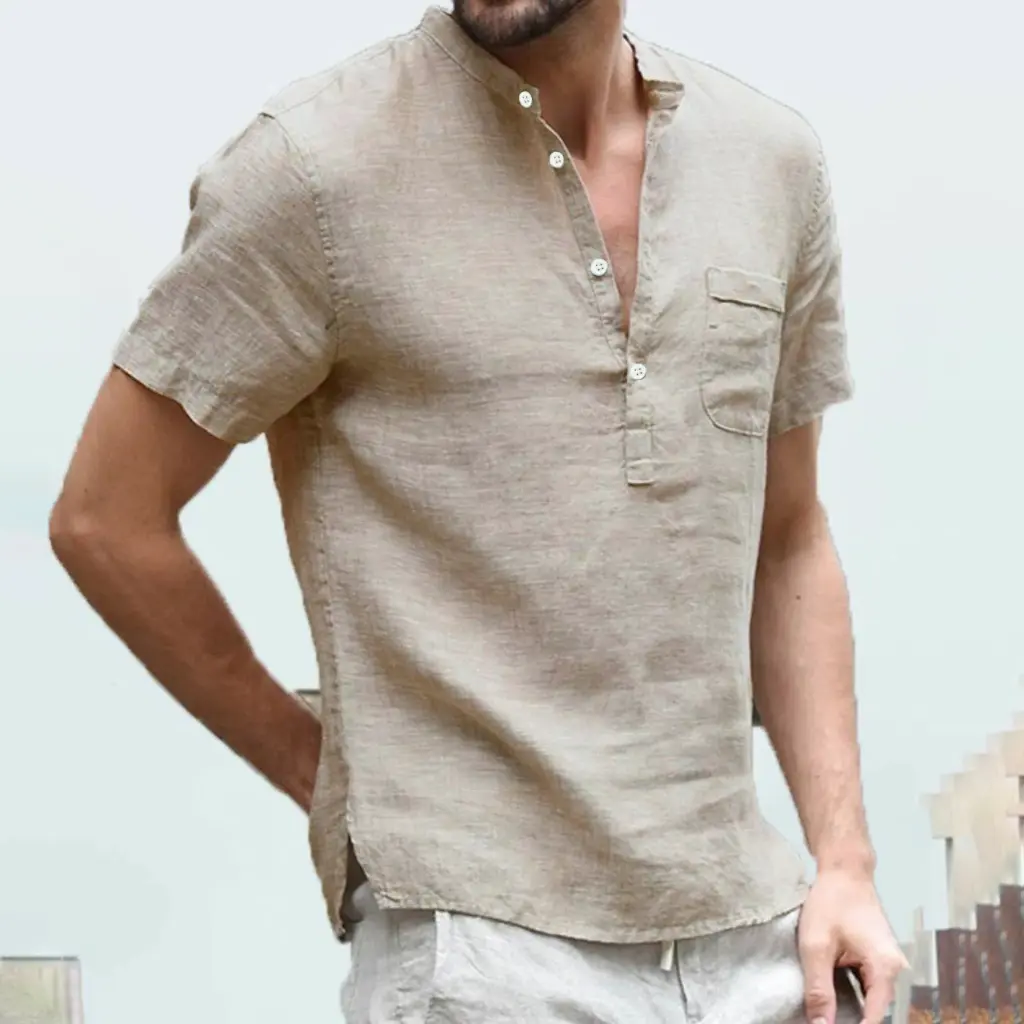Chemise en lin et coton pour hommes, col Henry et poche de plage5.webp