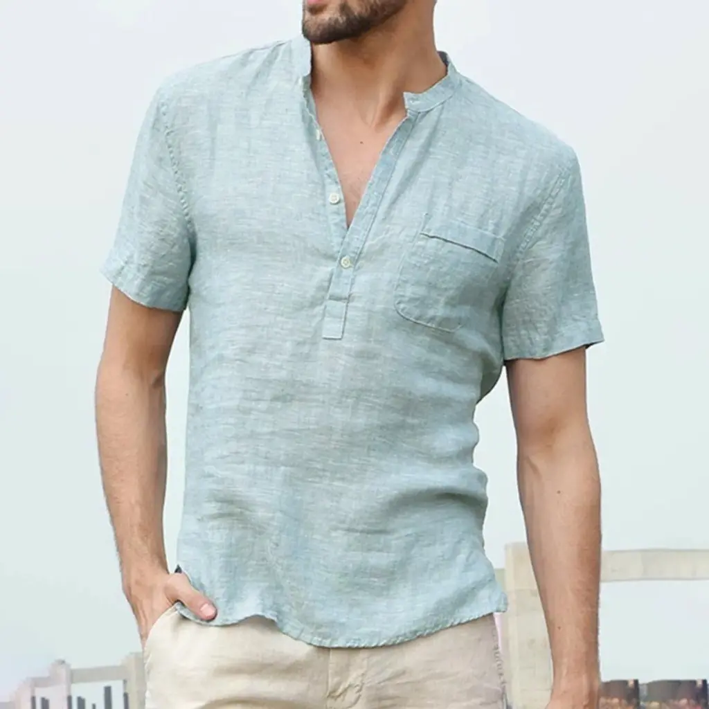 Chemise en lin et coton pour hommes, col Henry et poche de plage4.webp