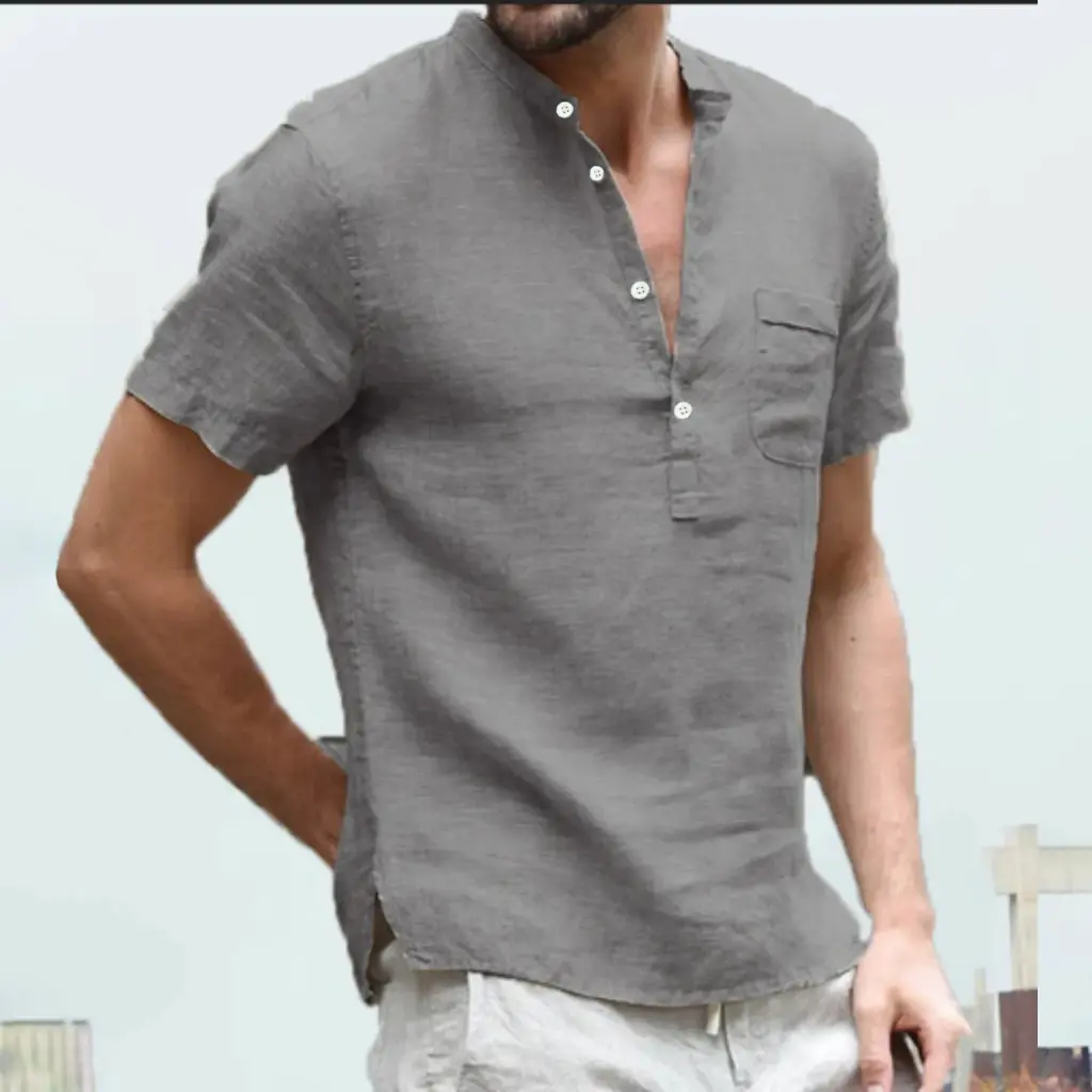 Chemise en lin et coton pour hommes, col Henry et poche de plage3.webp