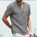 Chemise en lin et coton pour hommes, col Henry et poche de plage3.webp