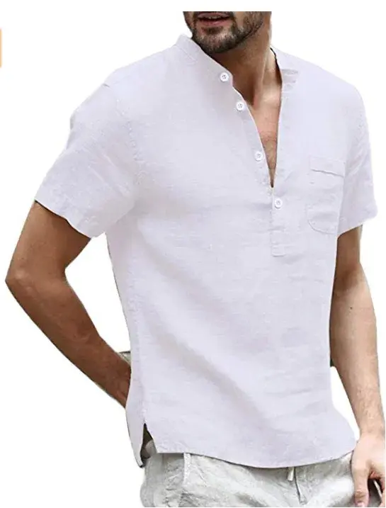 Chemise en lin et coton pour hommes, col Henry et poche de plage6.webp