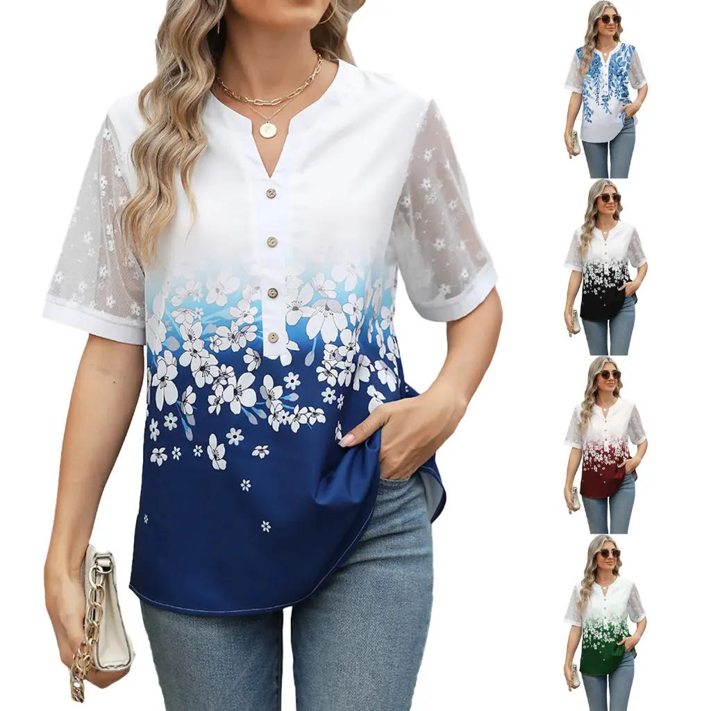 Chemises d'été femmes dentelle Patchwork à manches courtes Blouse fleur imprimé1.webp