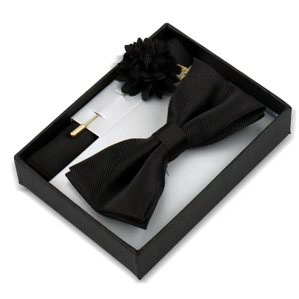 Ensemble de broches à fleurs pour hommes, avec boîte de poche carrée, épingle à revers papillon (Noir)