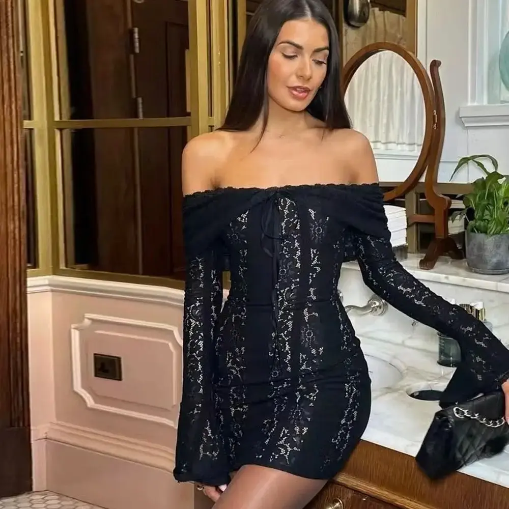 Mini Robe Slim en Dentelle pour Femmes, épaules Dénudées