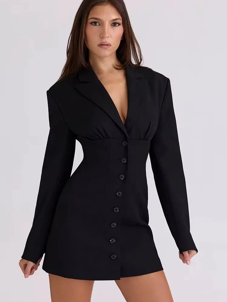 Sexy col en v à manches longues femmes Blazer robe noir simple boutonnage taille haute robe hiver nouvelle robe de soirée élégante (S)