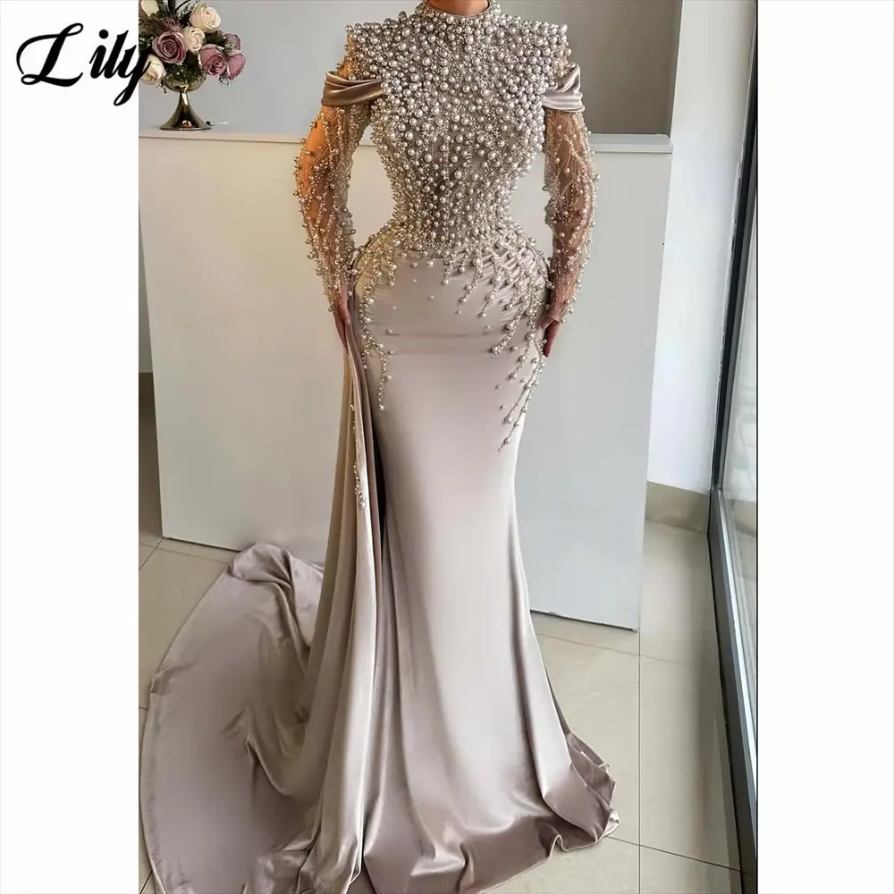 Robes en Satin Beige clair, col haut, ornées de perles et en maille, manches sirène 