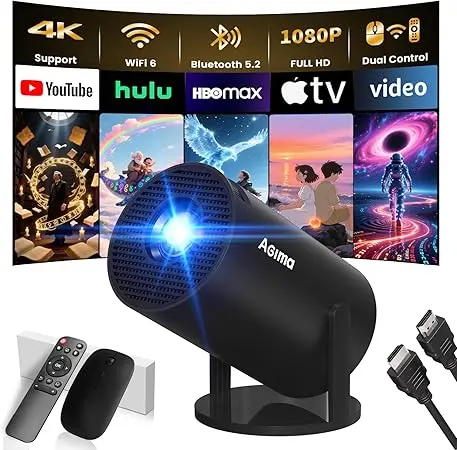 Mini Vidéo projecteur 1080P 4K Supporte Mini Projecteur Portable,Dual Contrôle avec Souris Android TV WiFi 6 BT5.2 180° Rotation Compatible Con HDMI/TV Stick/USB/Laptop