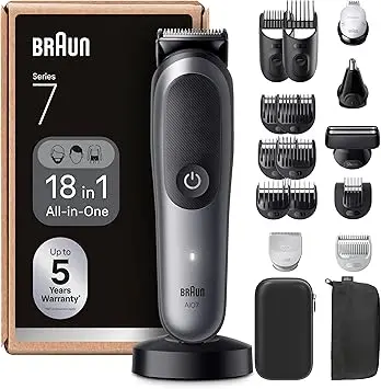 Braun Tondeuse Electrique Tout-En-Un Pour Hommes Series 7 AIO7565 Bleu, Kit 13-En-1 Avec Lame ProBlade et 7 Sabots, Coffret De Rasage Avec Accessoires, Conçue Pour Raser Barbe, Cheveux et Corps