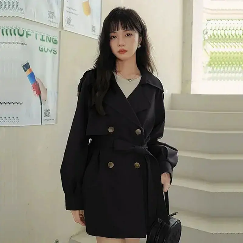 Trench-Coat Court Fin, Noir, Kaki avec Ceinture, Revers Décontracté (Noir, S)