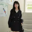 Trench-Coat Court Fin, Noir, Kaki avec Ceinture, Revers Décontracté