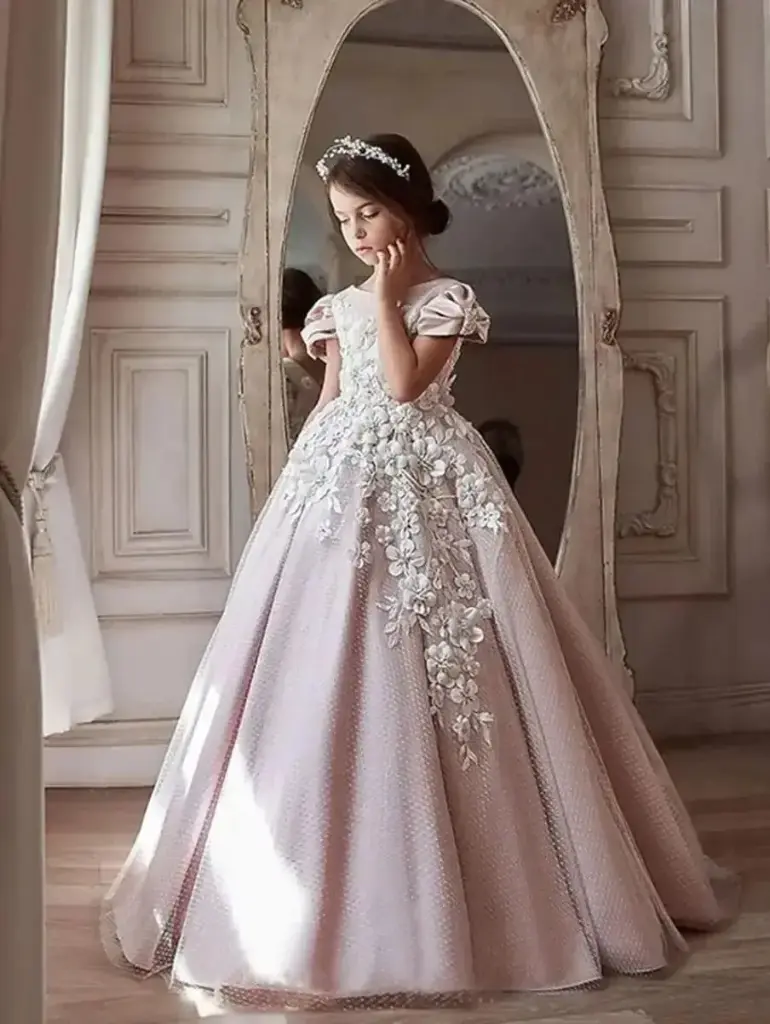 Robe de Demoiselle d'Honneur Rose pour Mariage, Appliques Florales 3D