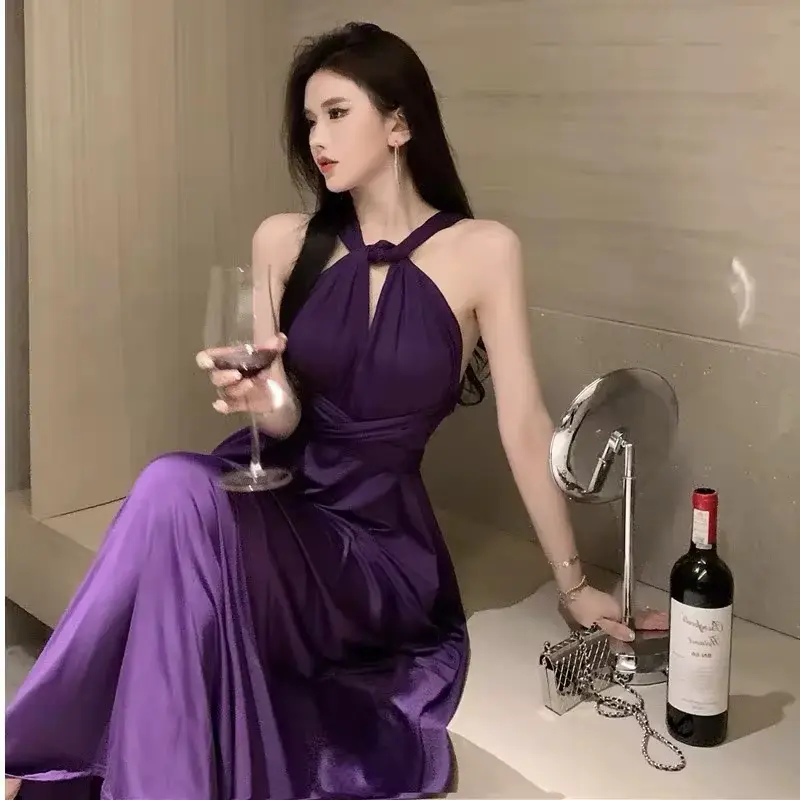 Robe Violette pour Femme, Robe Longue Licou Sexy