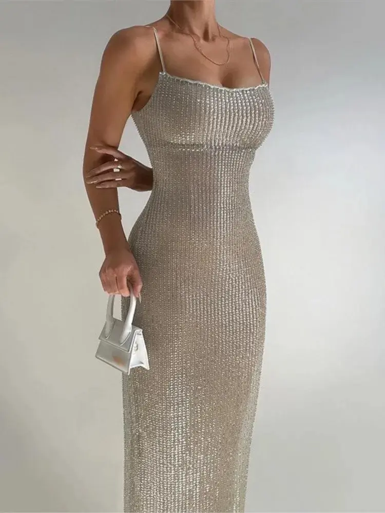 Robe Longue à Bretelles Spaghetti à Sequins pour Femmes