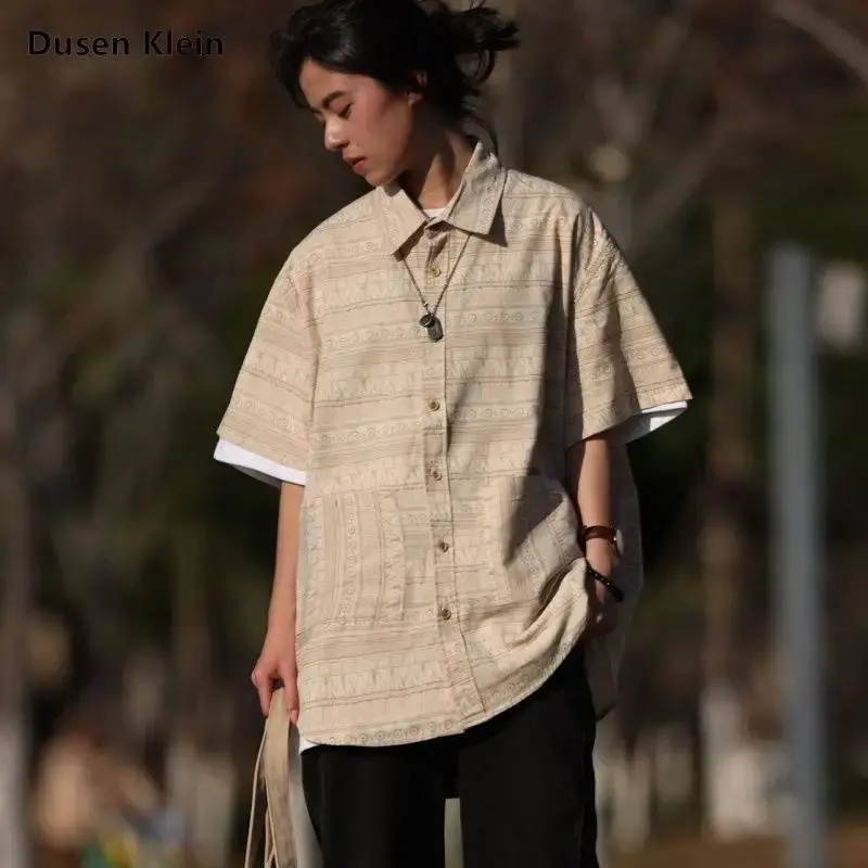 Chemise d'été à Manches Courtes pour Hommes et Femmes, Style Ethnique Rétro Américain (Kakhi, S)