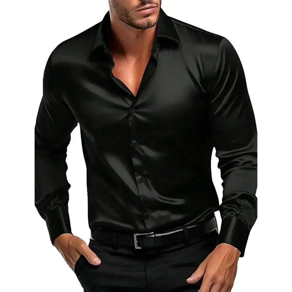 Chemise à Manches Longues pour Hommes, Couleur Unique, Décontractée, Soie Glacée