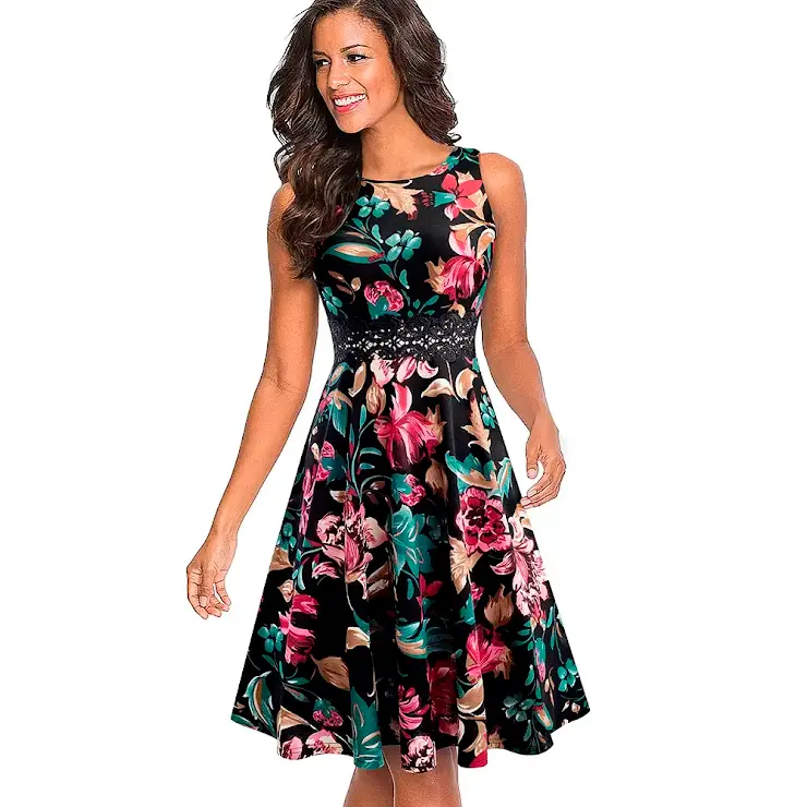 Robe Evasée à Encolure ras du cou Elégante en Dentelle avec Touche Florale