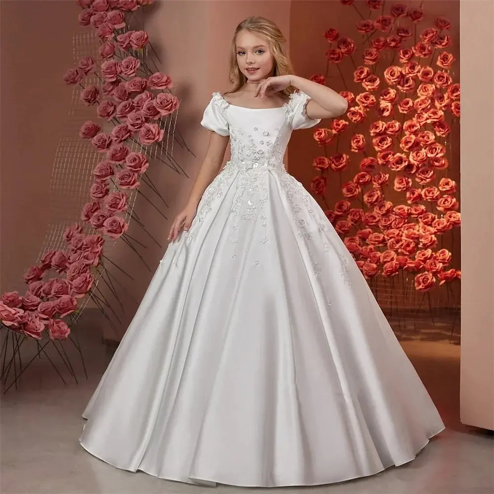 Robe à Fleurs en Satin Blanc pour Première Communion