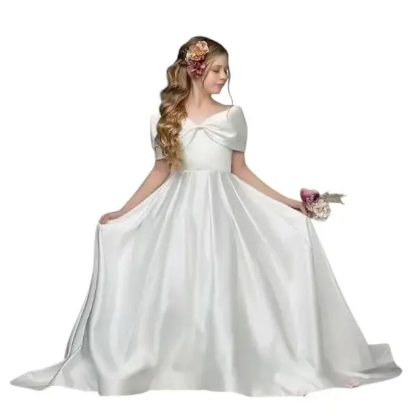 Robe élégante en Satin Blanc pour Première Communion