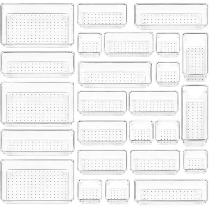 Organisateurs de Tiroirs Transparents, Coffret de Rangement, Bord Lisse, Sans Bavures, Design Transparent, Conteneurs de Cosmétiques Polyvalents, 25 pièces