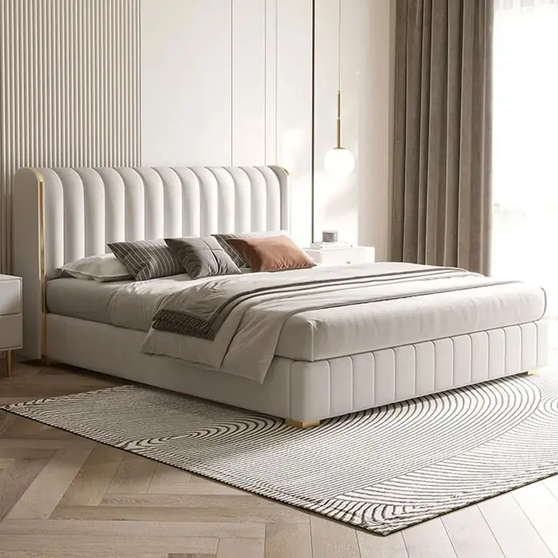 Lit Double Simple Violet Tissu Blanc Personnalisé Nordique Moderne Rangement Loft lits Chambre 180X200 Cm Letto Matrimoniale Meubles 