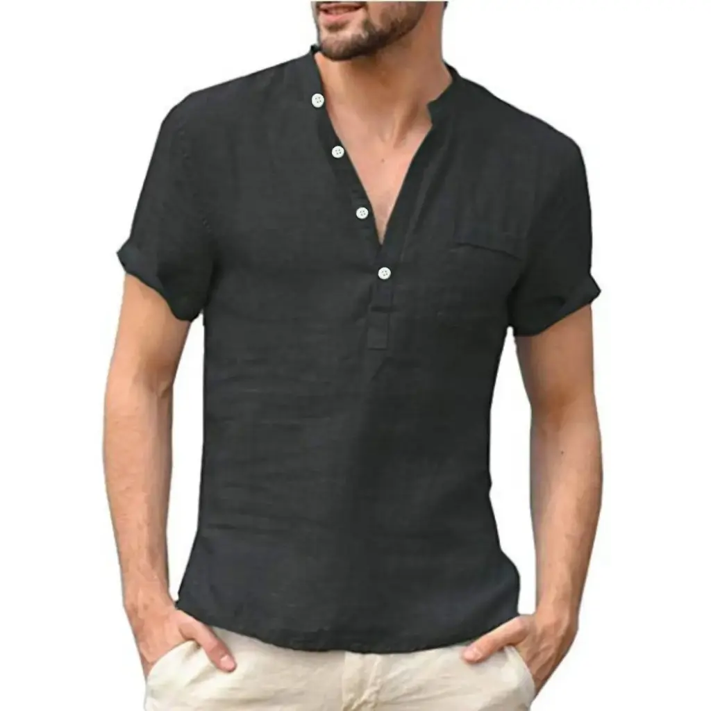 Chemise en lin et coton pour hommes, col Henry et poche de plage