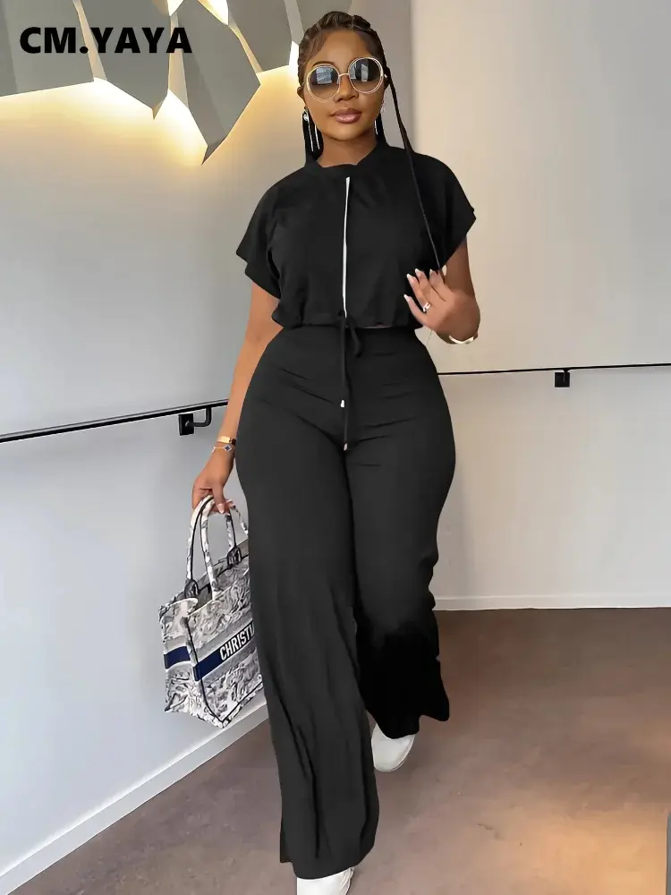 CM.YAYA – ensemble deux pièces pour femmes, T-shirt à manches courtes et col rond avec cordon de serrage + pantalon à jambes larges, survêtement de rue, nouvelle collection 2024 (Noir, S)