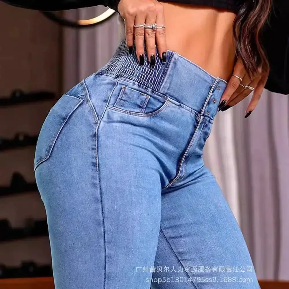 Jean Femme Pantalon Vintage Élastique, Taille Haute Pantalon Évasé Poches Solides, Bouton Épissure Pantalon Coupe Ajustée Décontracté