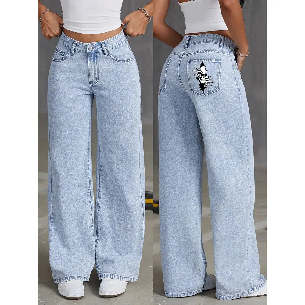 Denim Pantalon à Jambes Larges Femmes Jean Pantalon Droit Poches Crânes en Détresse Lavé Taille Haute Streetwear 2025 Longueur de Plancher