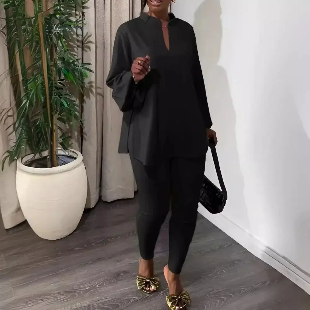 Ensemble Deux Pièces pour Femmes, Sexy, Col en V, Fendu, Pantalon Moulant, Décontracté (Noir, S)