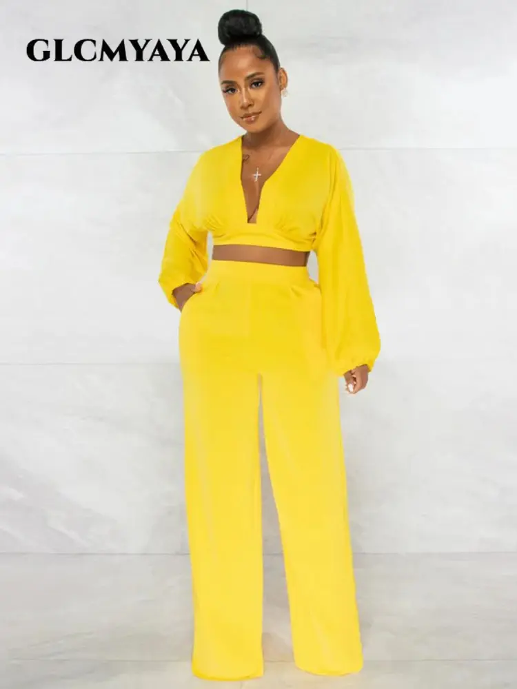 CM.YAYA-Chemisier à Manches Sulfet Col en V Profond pour Femme, Pantalon Droit et Large, Tenue Élégante, Couleur Unie, Mode, Ensemble 2 Pièces (Jaune, S)
