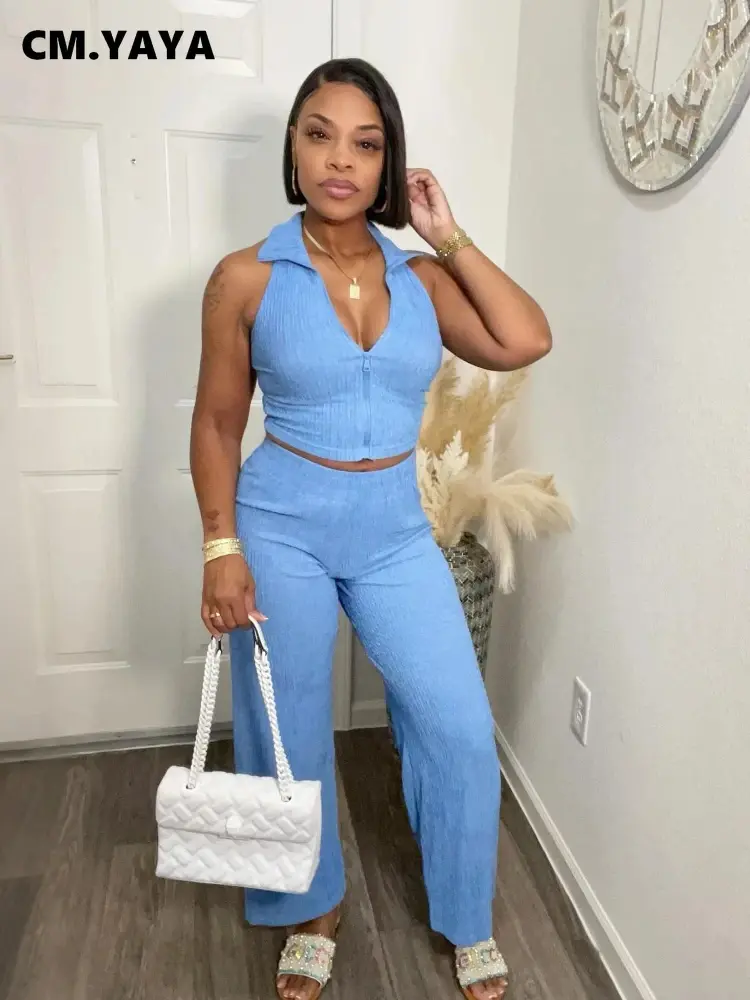 CM.YAYA mode femmes ensemble sans manches débardeur et pantalon à jambes larges costumes 2025 été rue deux 2 pièces ensembles tenues survêtement (Bleu, S)