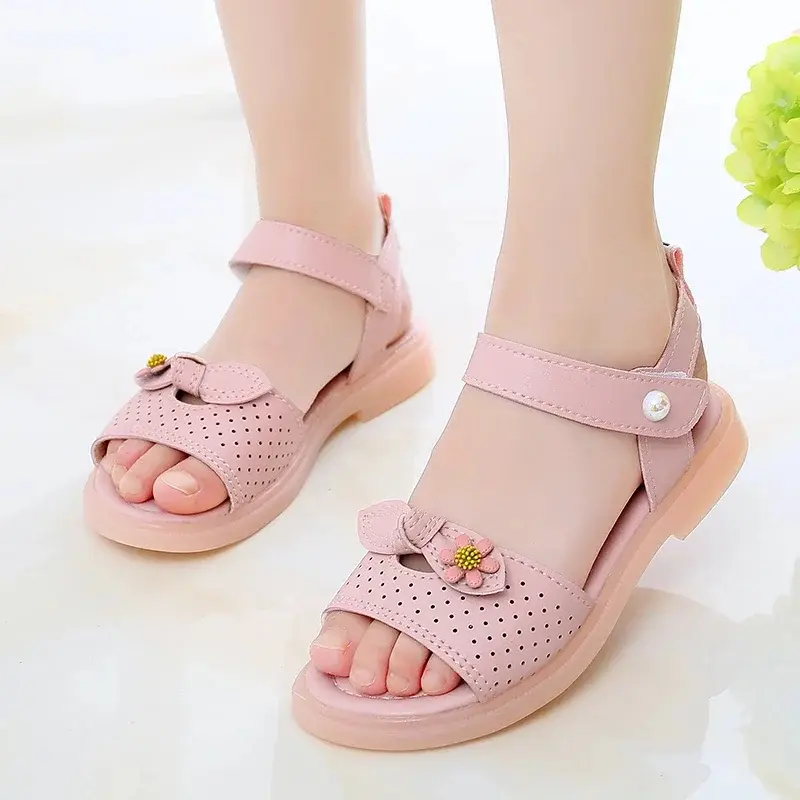 Sandales Princesse pour Filles, Chaussures de Plage d'été Mignonnes pour Enfants, Mode Douce, Respirante, Antidérapante, Sandales à Fleurs avec Nœud Creux (Rose, 26)