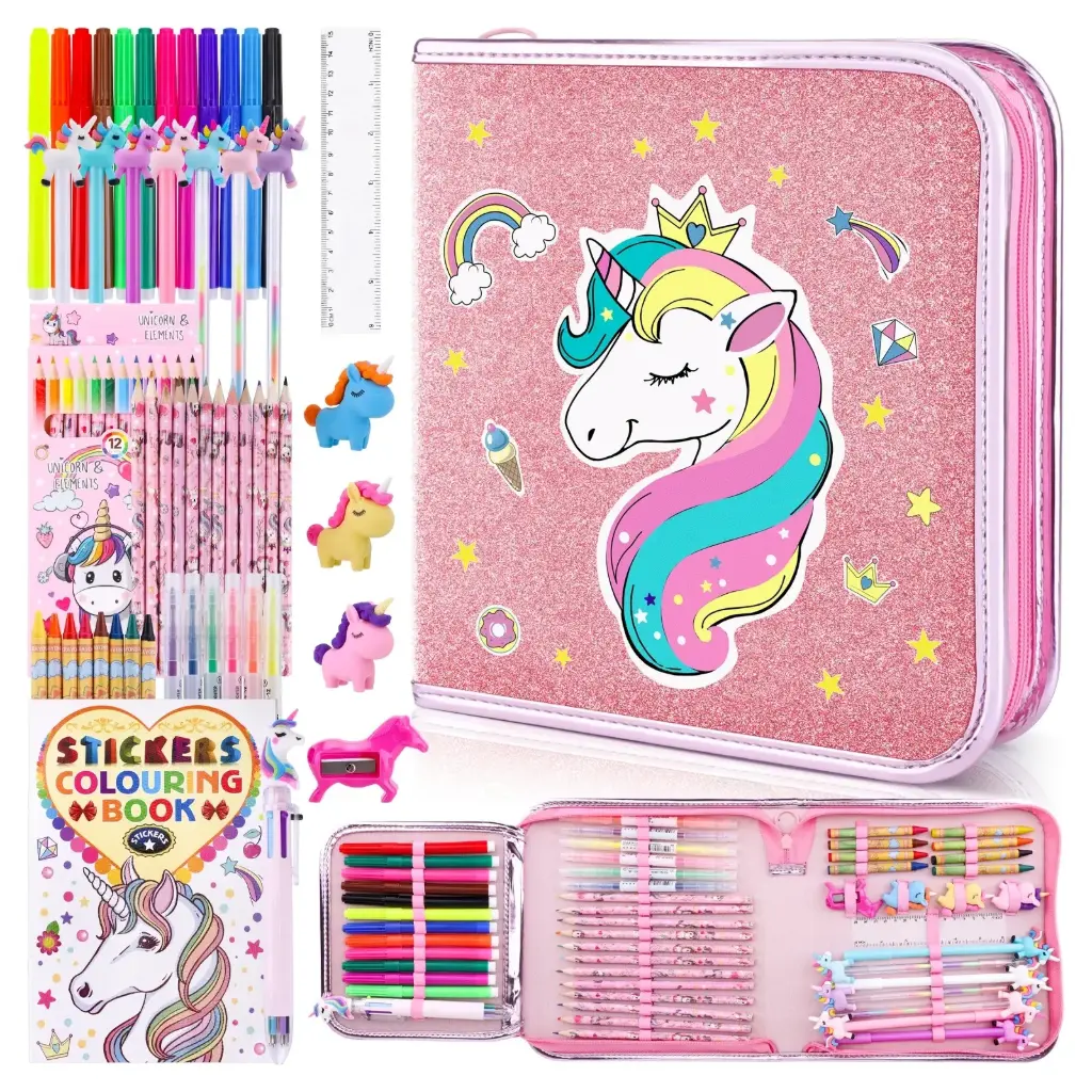 Ensemble de Papeterie de Peinture pour Enfants, 5356 Pièces, Outil de Dessin Licorne, Marqueurs Colorés, Crayons, Trousse à Crayons, Fournitures Scolaires d'Art