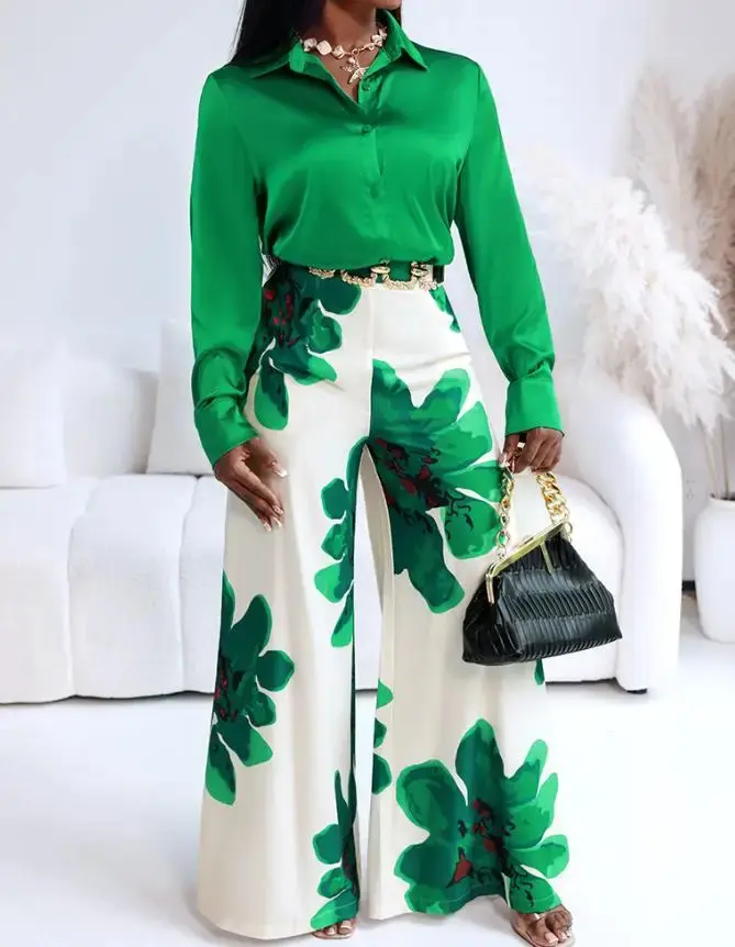 Ensemble Deux Pièces pour Femmes, Chemise En Satin à Manches Longues et Col Rabattu, Imprimé Floral Décontracté (S)