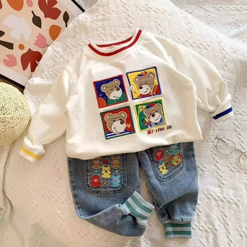 Ensemble en manches longues pour garçons et filles, haut brodé de dessin animé pour enfants