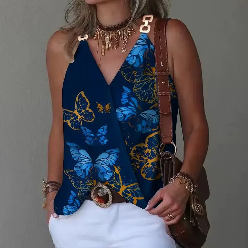  Débardeur pour Femmes Lâche Sans Manches. Col en v Boucle en Métal Imprimé  (S)