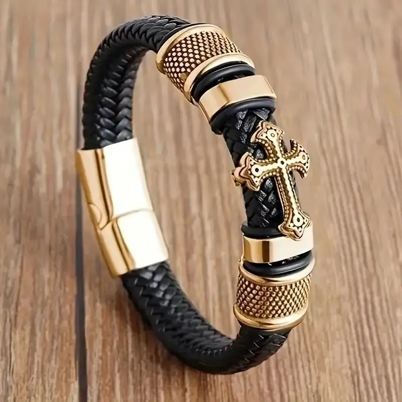 Bracelet Croisé en Cuir Écologique Tissé à La Main, Vintage, Avec Fermoir Magnétique, Pendentif à la Mode pour Hommes, Amulette Religieuse