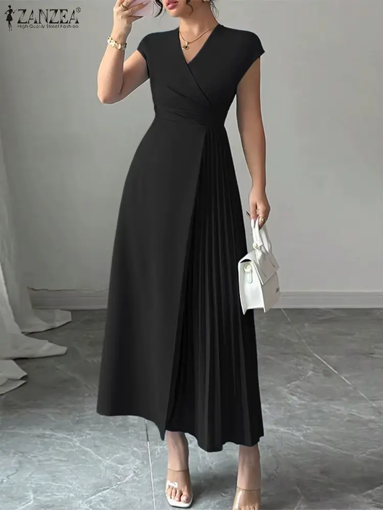 Robe Col en V Sans Manches Solide Plissé, Robe Élégant Taille Maxi longues. ZANZEA 
