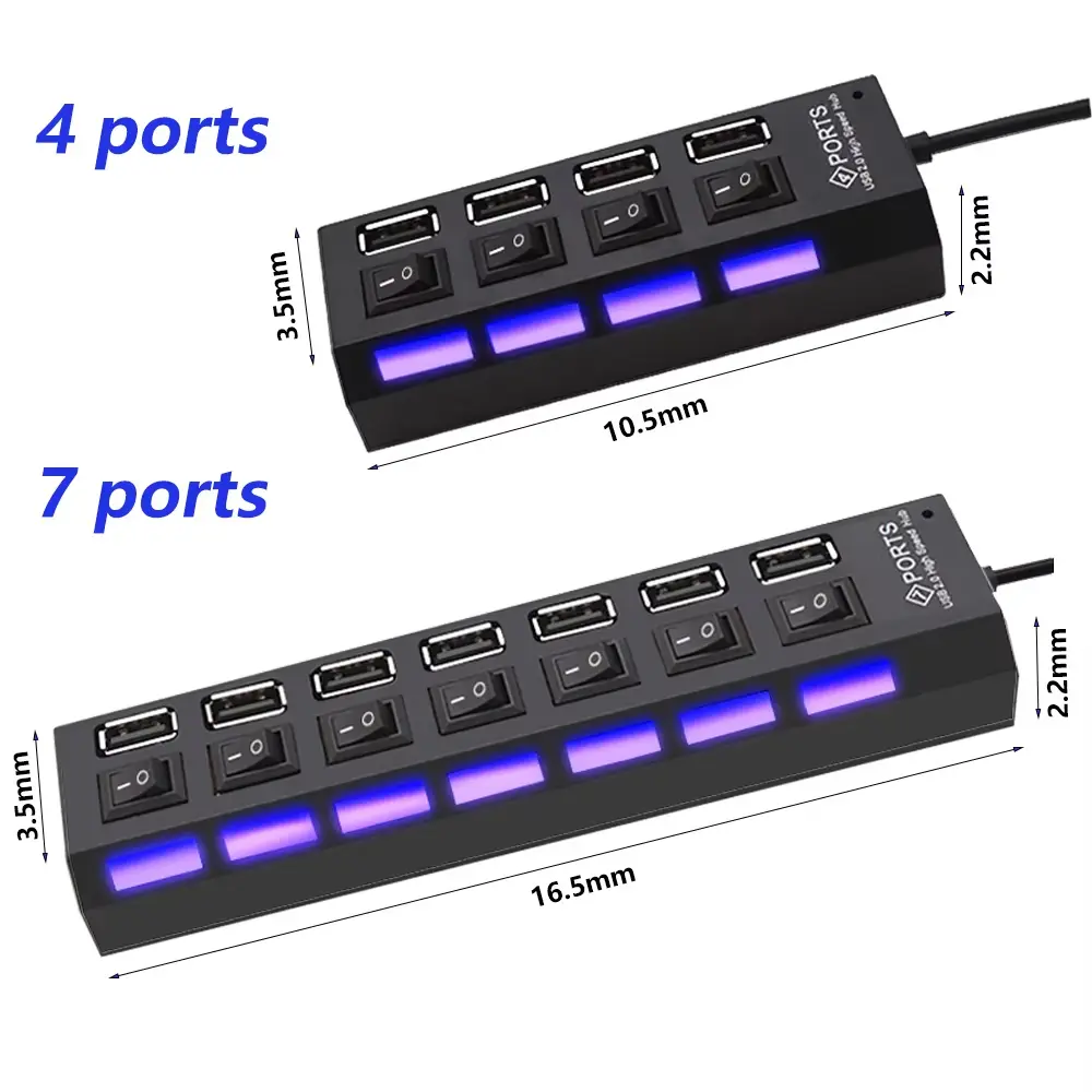 Multi USB Splitter airies avec interrupteur pour PC, adaptateur secteur, extenseur multiple 2.0 ports, USB 2.0, 4/7, 2.0